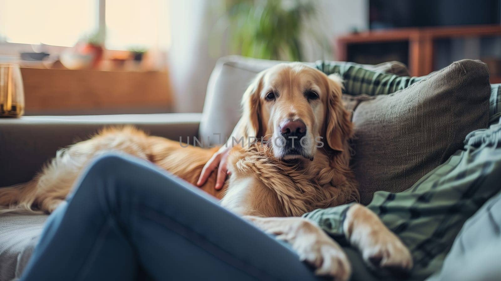 Golden Retriever resting its head on its owner's lap, enjoying a relaxing time on a comfortable couch