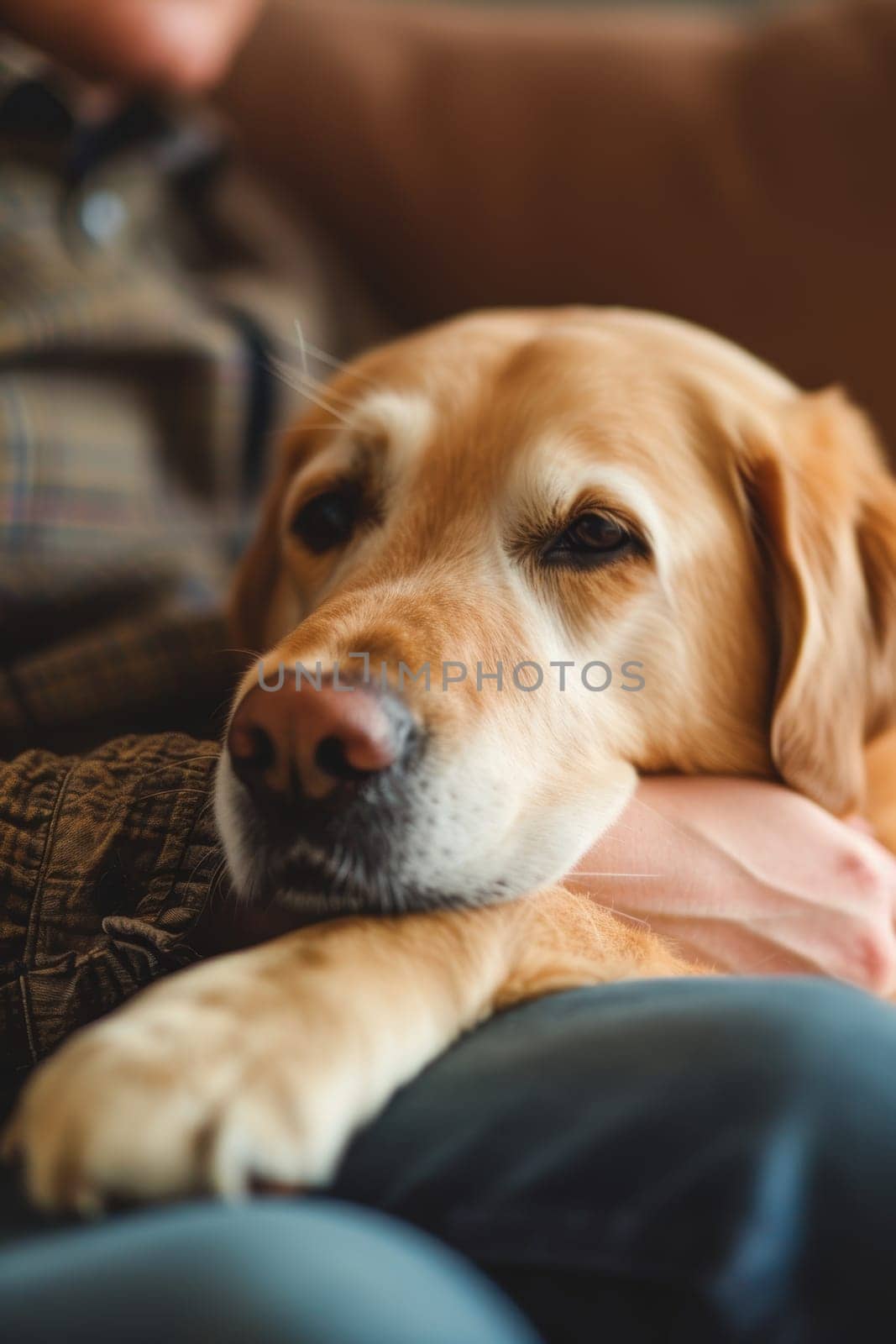 Golden Retriever resting its head on its owner's lap, enjoying a relaxing time on a comfortable couch