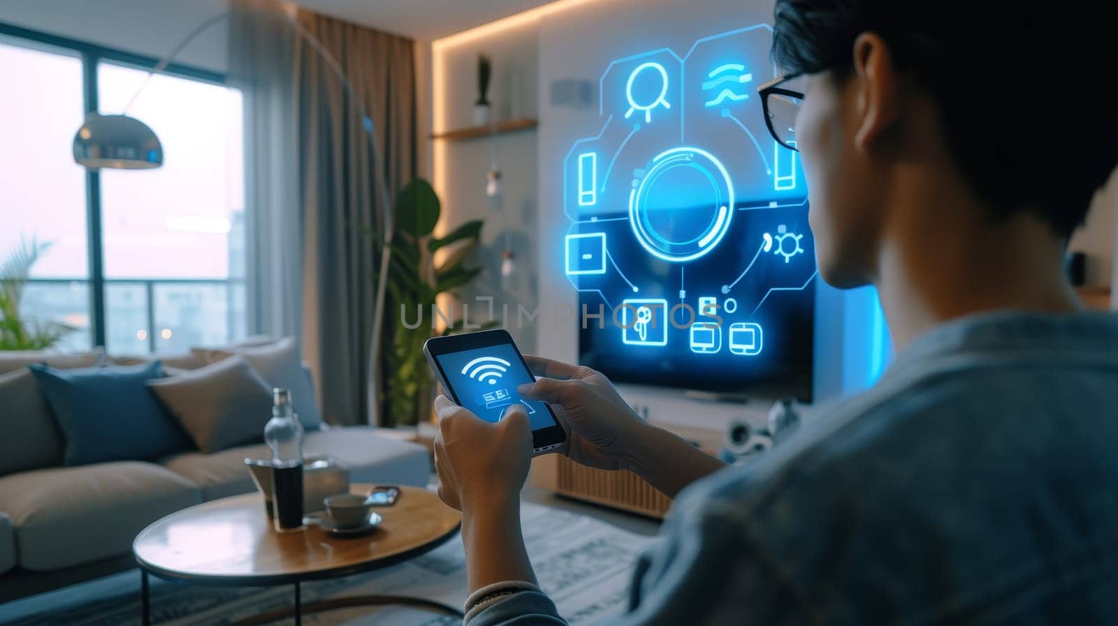 Over the shoulder view of a person managing smart home devices using a smartphone application in a cozy living room