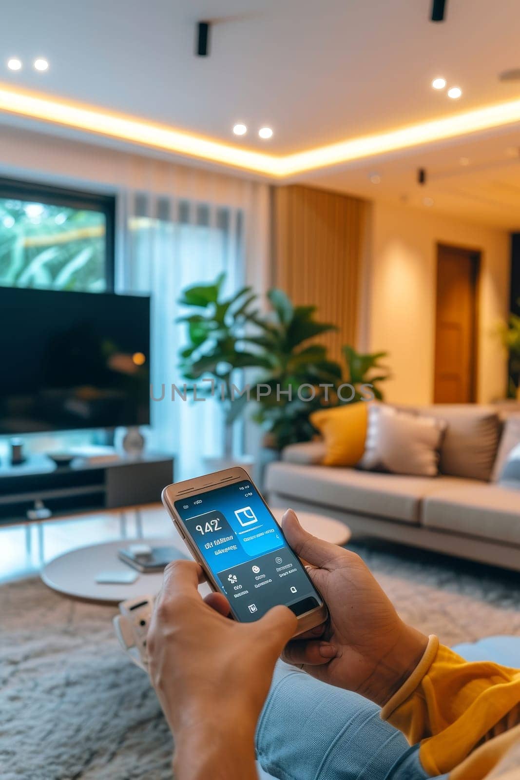 User interacting with an advanced smart home system through a smartphone in a modern, well-designed living space