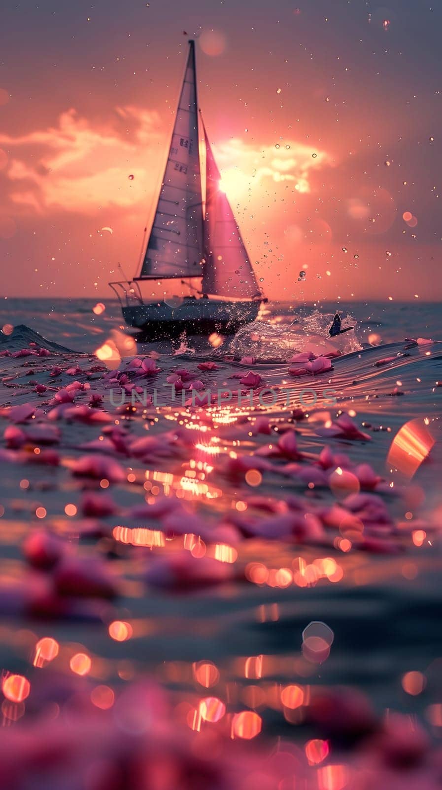 A sailboat peacefully floats on the water as the sun sets, creating a stunning red sky at dusk with clouds in the afterglow