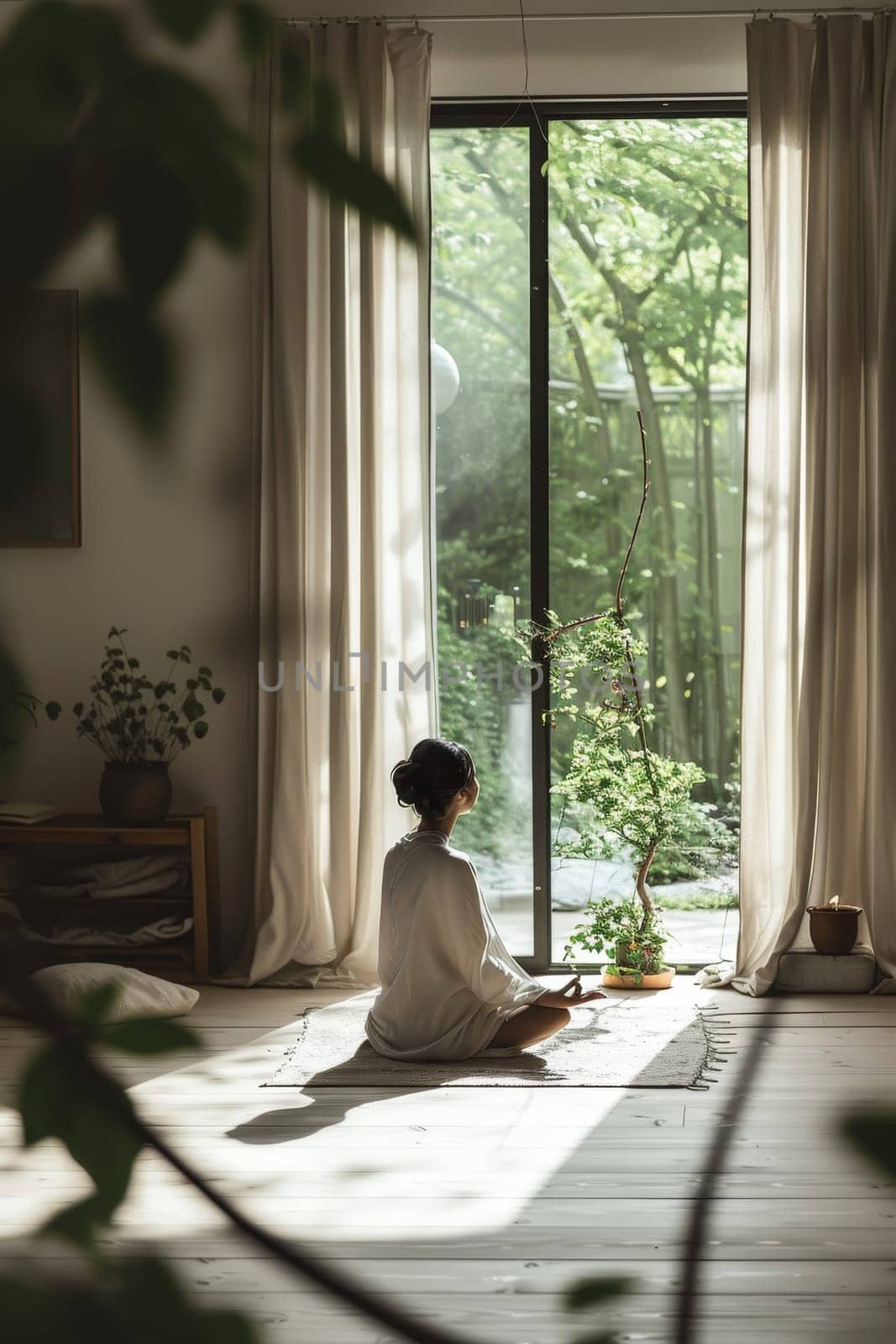 Early morning yoga session in a room with natural light and a view of lush greenery. by sfinks