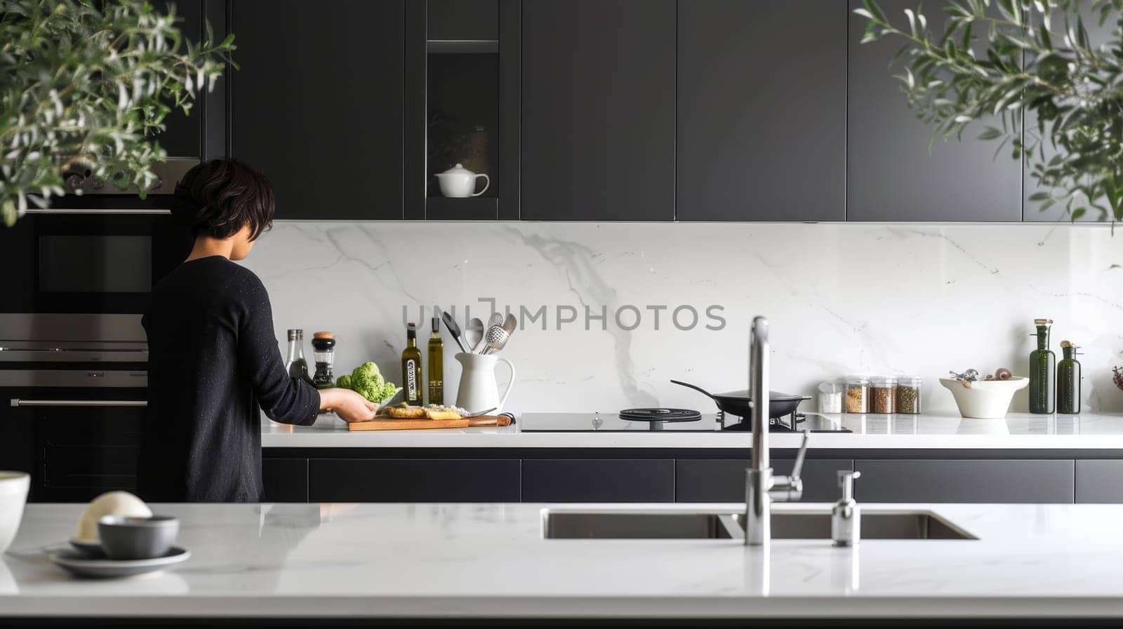 A person preparing food in a modern kitchen with black cabinets, marble backsplash, and stainless steel appliances