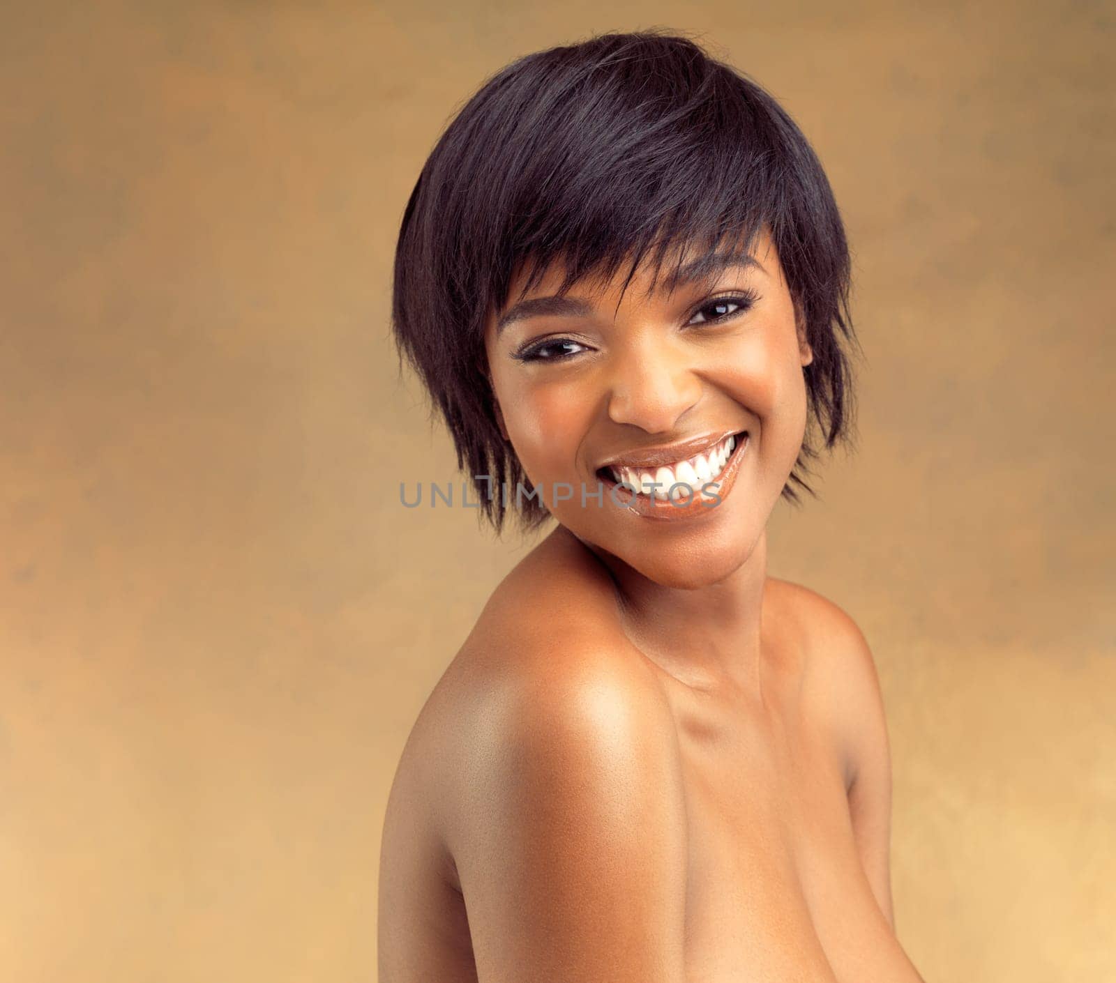 Black woman, smile and portrait for skincare, face and natural glow for beauty or confidence. Model, happy and satisfaction for body care, cosmetics and art deco isolated on brown studio background.