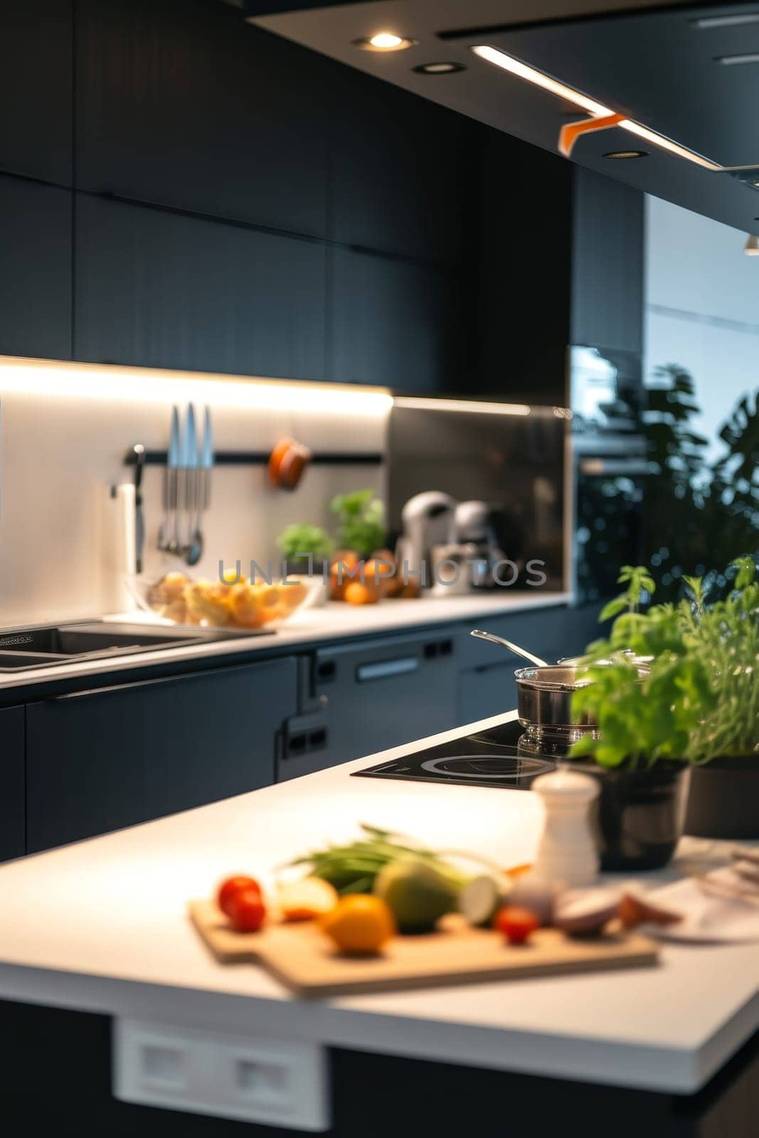Close-up on fresh vegetables and herbs on cutting board in a contemporary kitchen with natural light