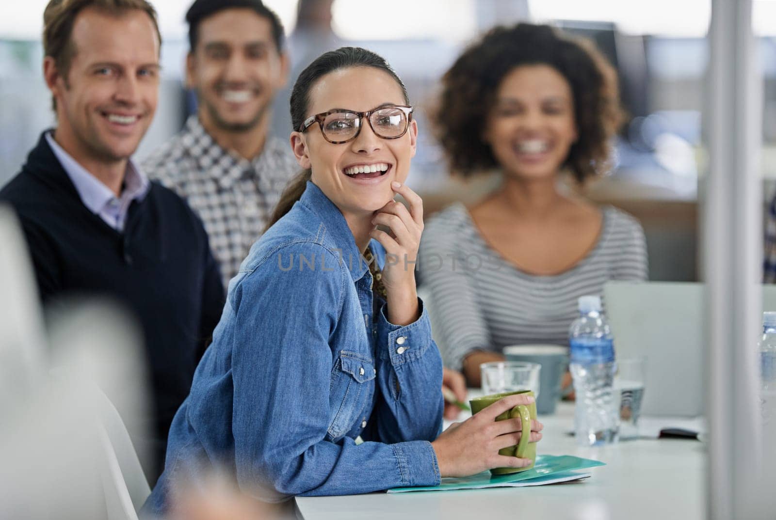 Meeting, portrait and business people in office for creative research on tablet in collaboration. Smile, discussion and copywriting team working on public relations project together in workplace