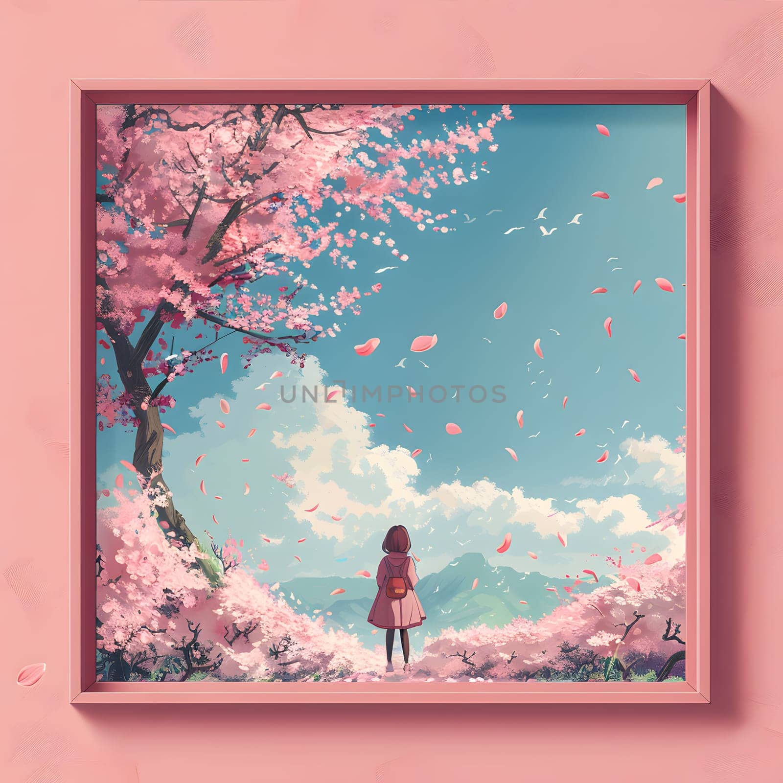 An art painting of a girl standing under a pink cherry blossom tree, framed in a rectangular picture frame. The sky and clouds in the background add to the beauty of the scene