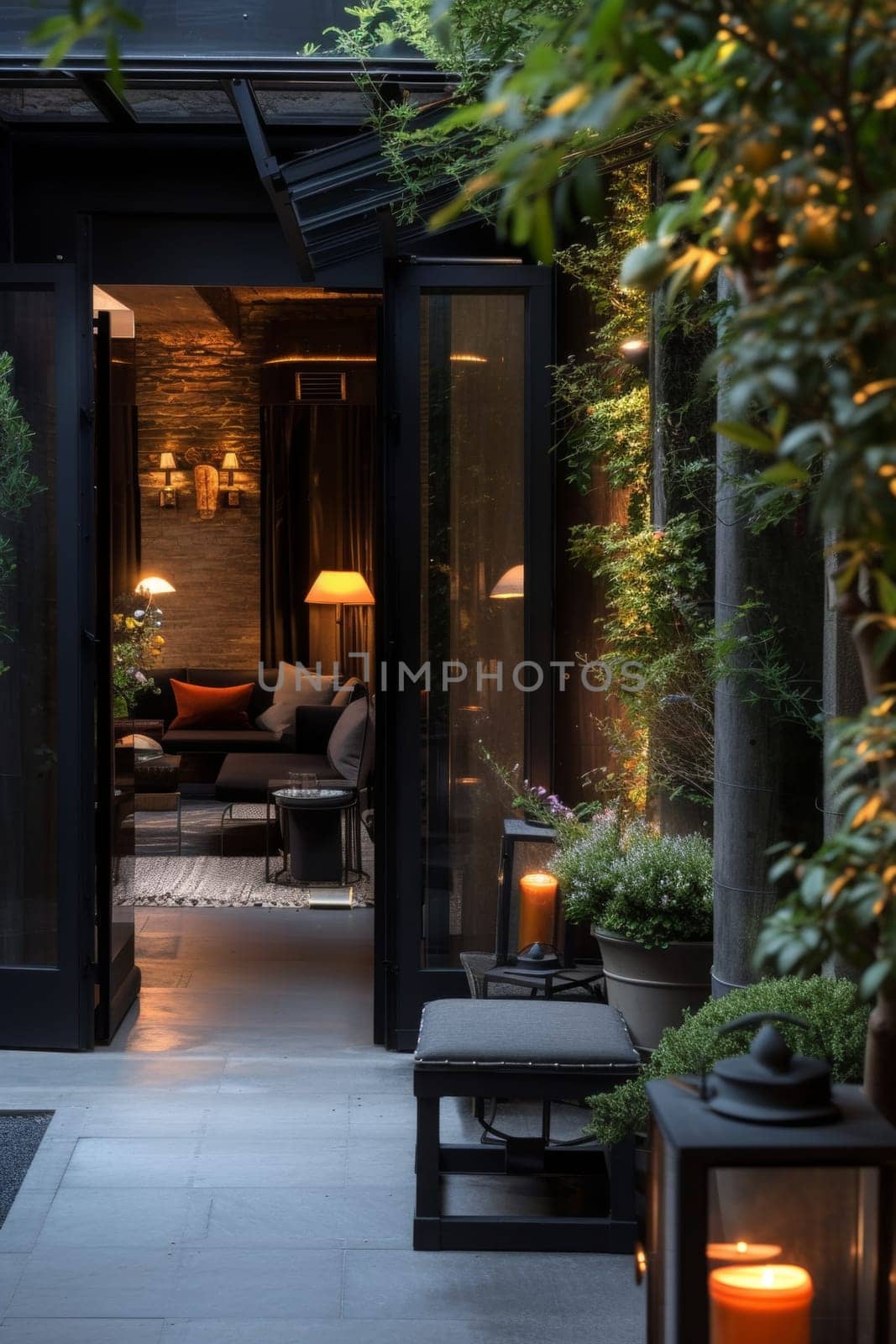 Serene courtyard lounge with soft lighting and luxurious decor providing an intimate atmosphere during twilight