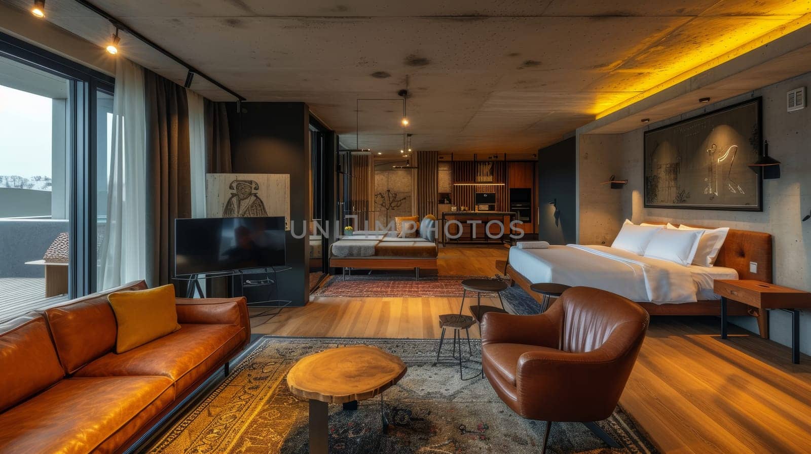 Modern hotel room with sleek furnishings and balcony access, offering a comfortable urban retreat