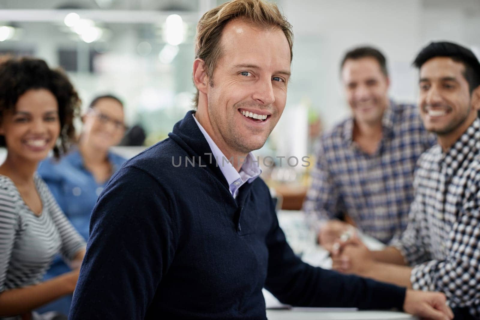 Diversity, people and smile at office for collaboration, teamwork and team building as copywriters. Portrait, happy and boss with employees at work as leader or ceo of company, business and confident.