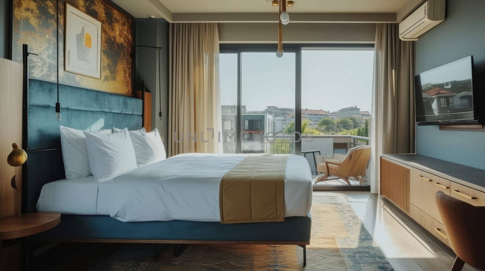 Stylish hotel room with elegant decor and a panoramic window offering views of the urban landscape