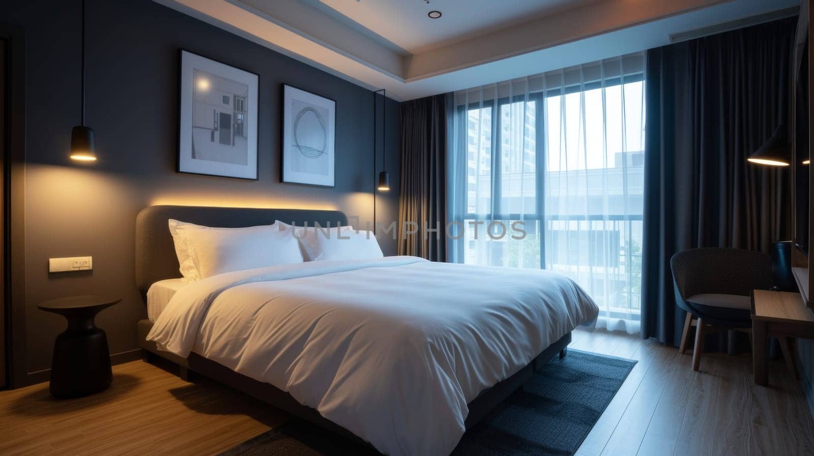 Stylish hotel room with elegant decor and a panoramic window offering views of the urban landscape