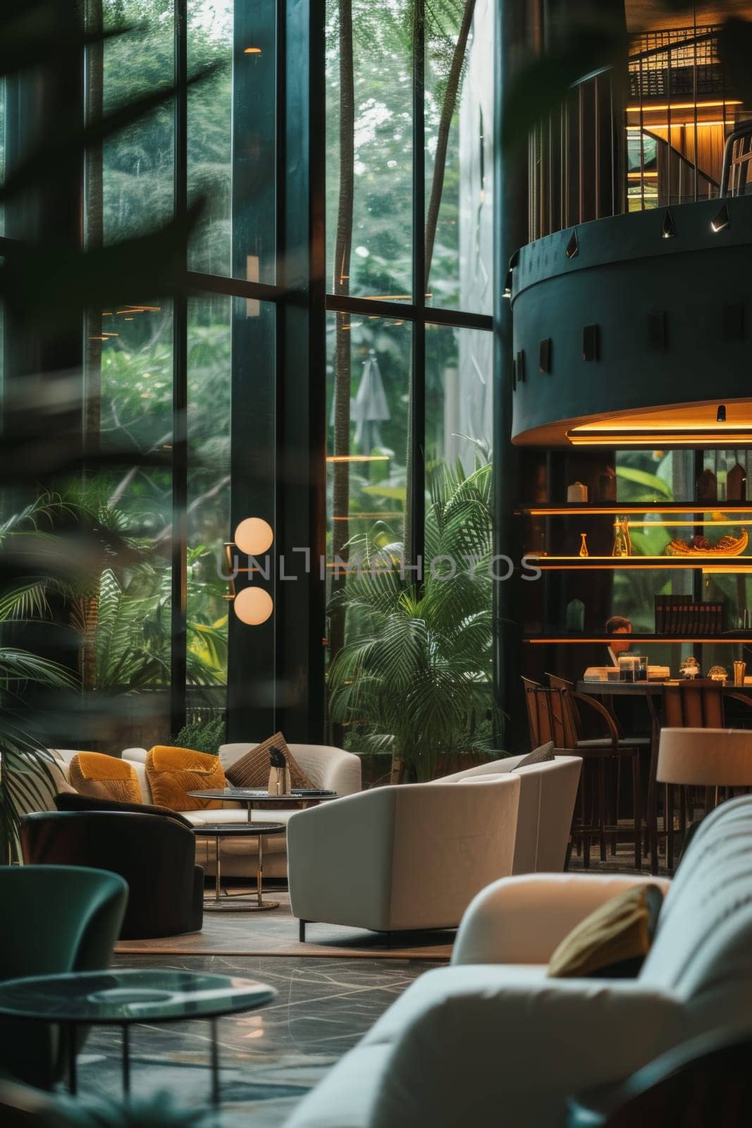 Serene courtyard lounge with soft lighting and luxurious decor providing an intimate atmosphere during twilight