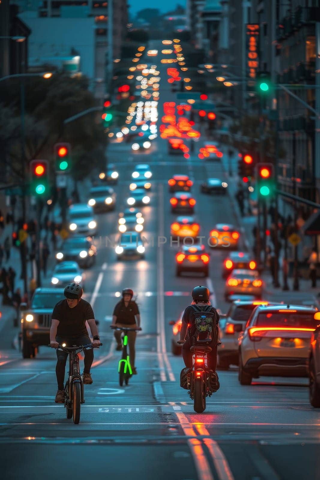 Evening traffic on a busy city street captured in bokeh with cyclists and cars, highlighting urban movement