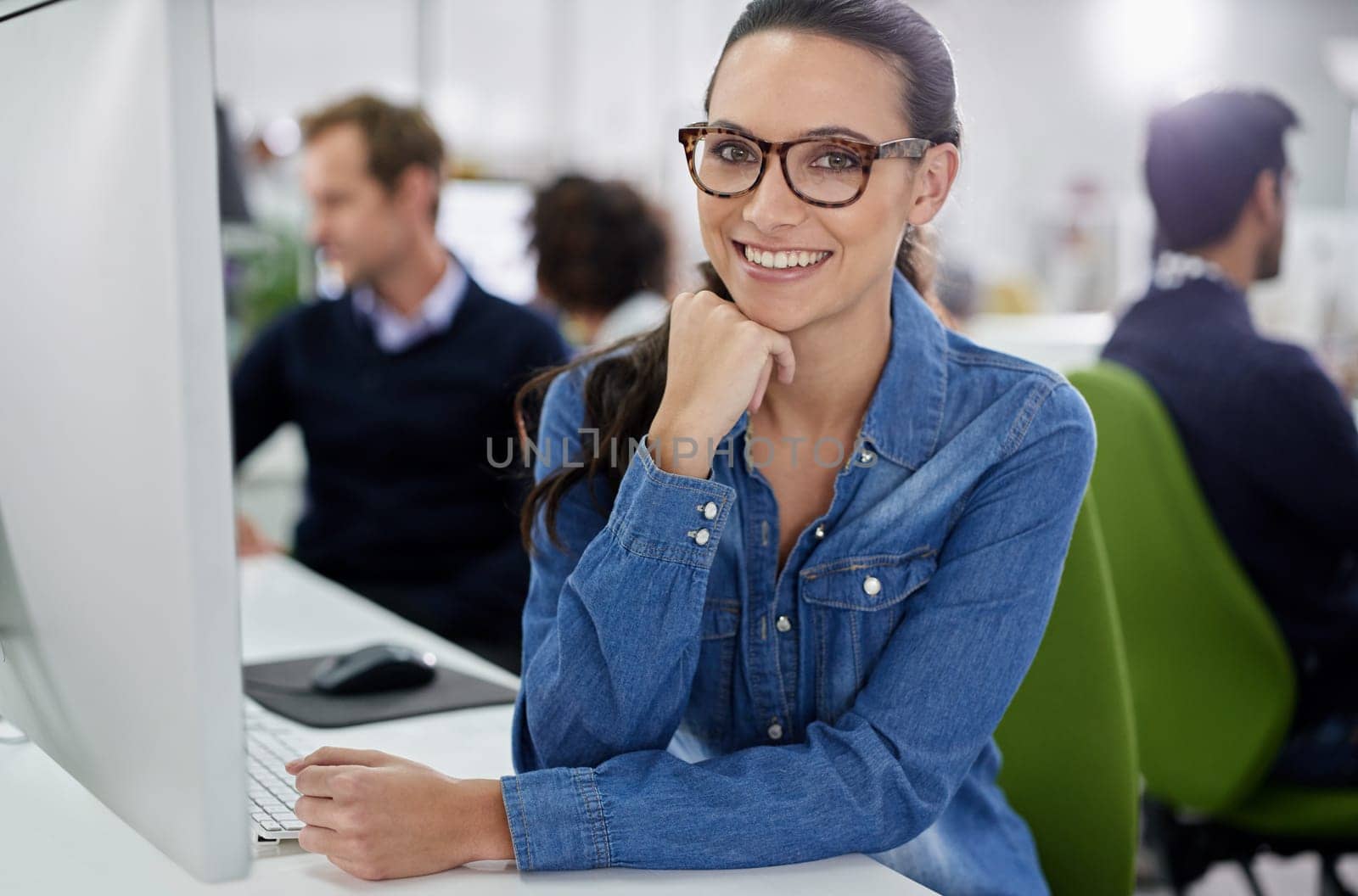 Portrait, woman and employees with computer, smile and office as team for company, startup or business. Businesspeople, happy and technology for web design, cybersecurity and development in IT by YuriArcurs