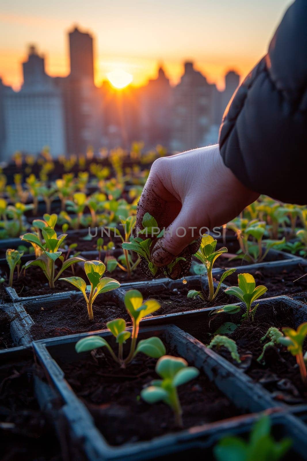 Close-up of hands planting young green seedlings in urban garden beds with a cityscape sunrise in the background