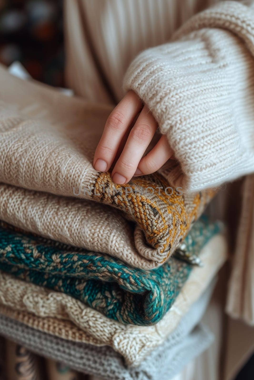 Hand gently selecting a woolen knit from a pile of cozy, handcrafted sweaters