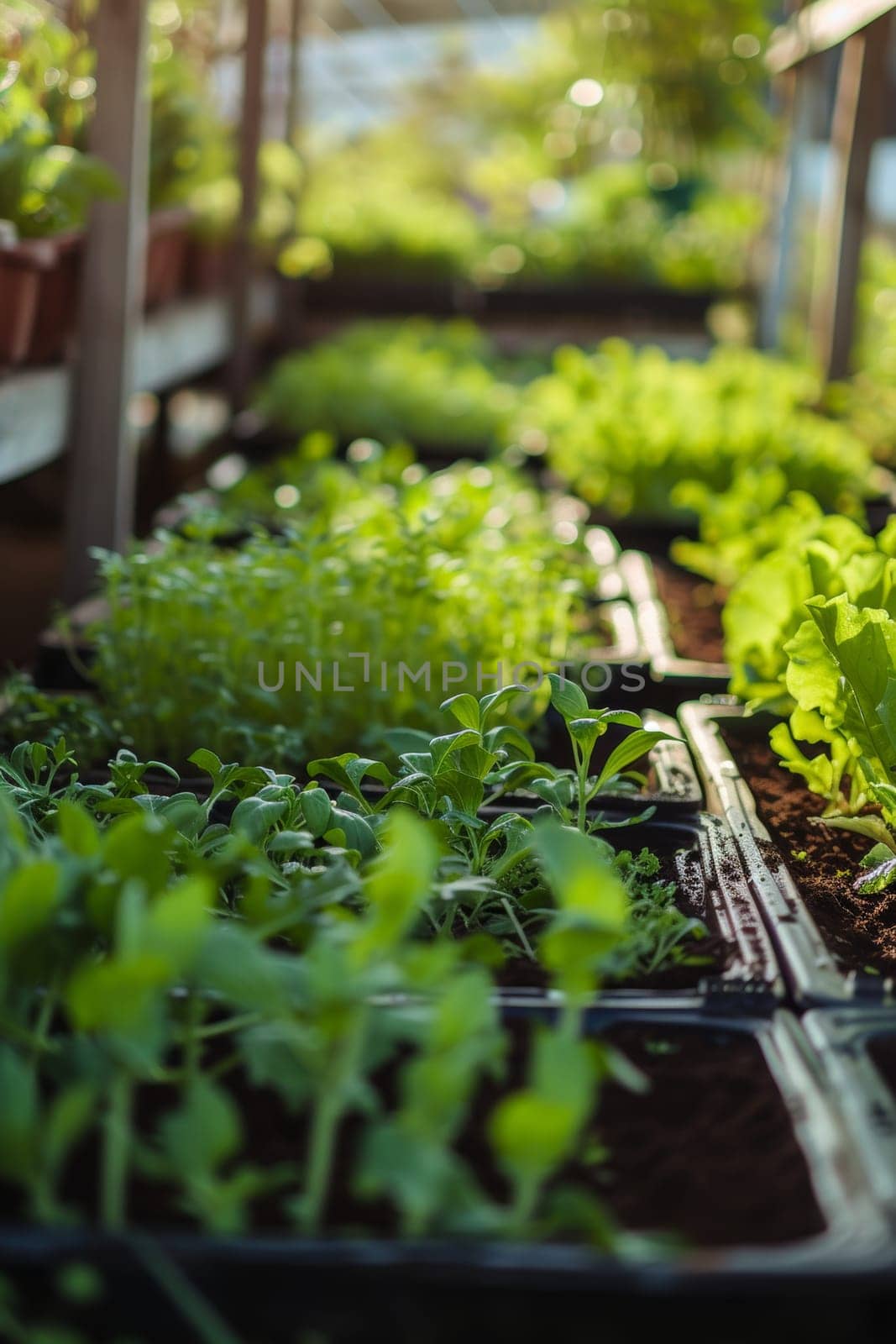 Fresh vegetable seedlings growing in rich soil, in the early stages of a garden's life cycle