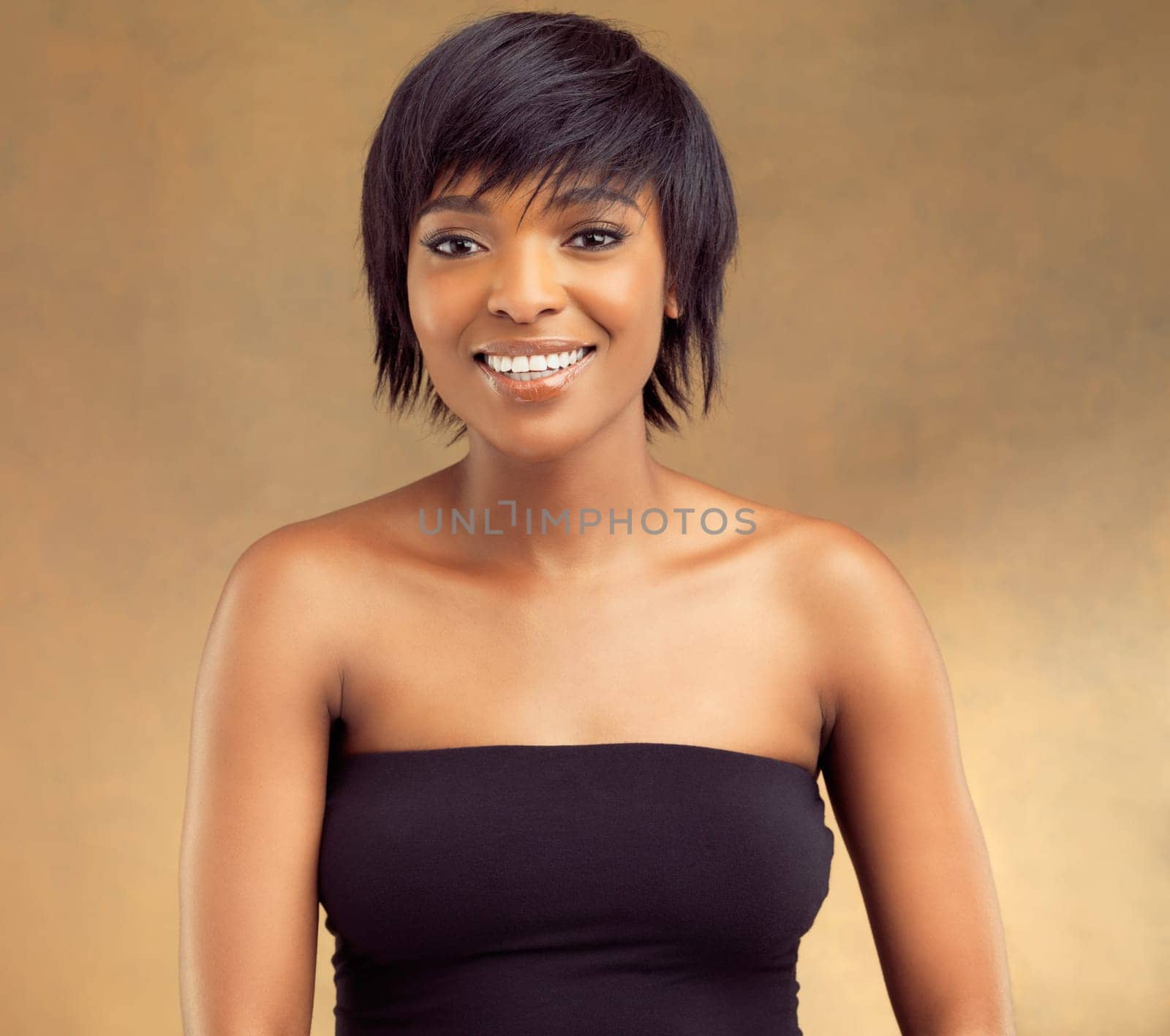 Smile, aesthetic and portrait of black woman for skincare, beauty and cosmetics isolated on brown background. Happy, face and gen z girl for self care, dermatology or natural shine on studio backdrop by YuriArcurs