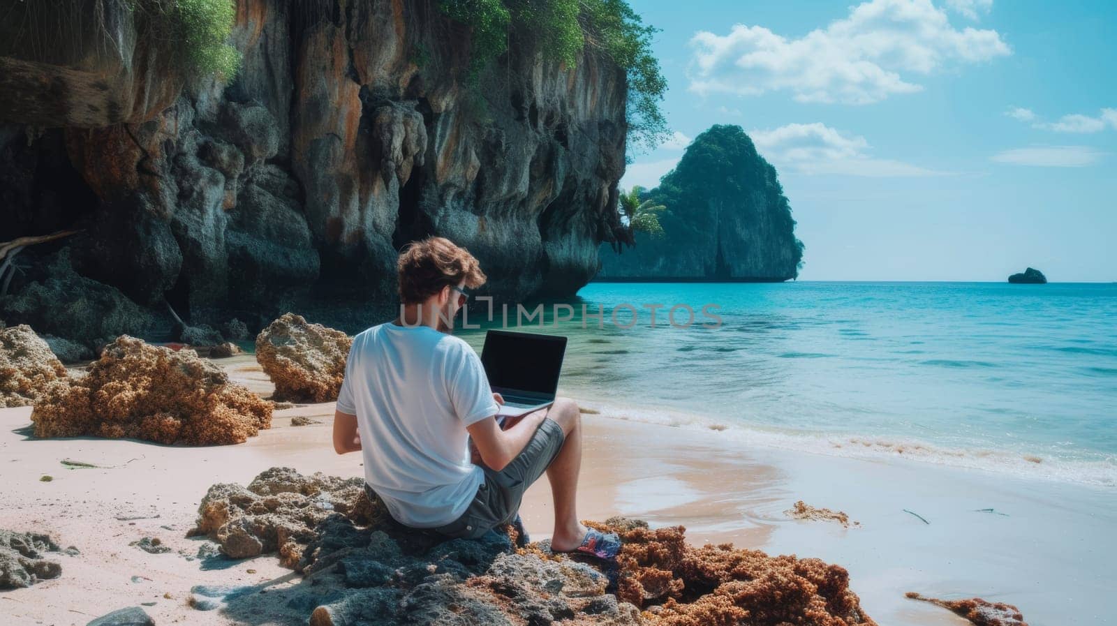 Individual working on a laptop seated on a sandy beach with a dramatic rocky landscape in the distance