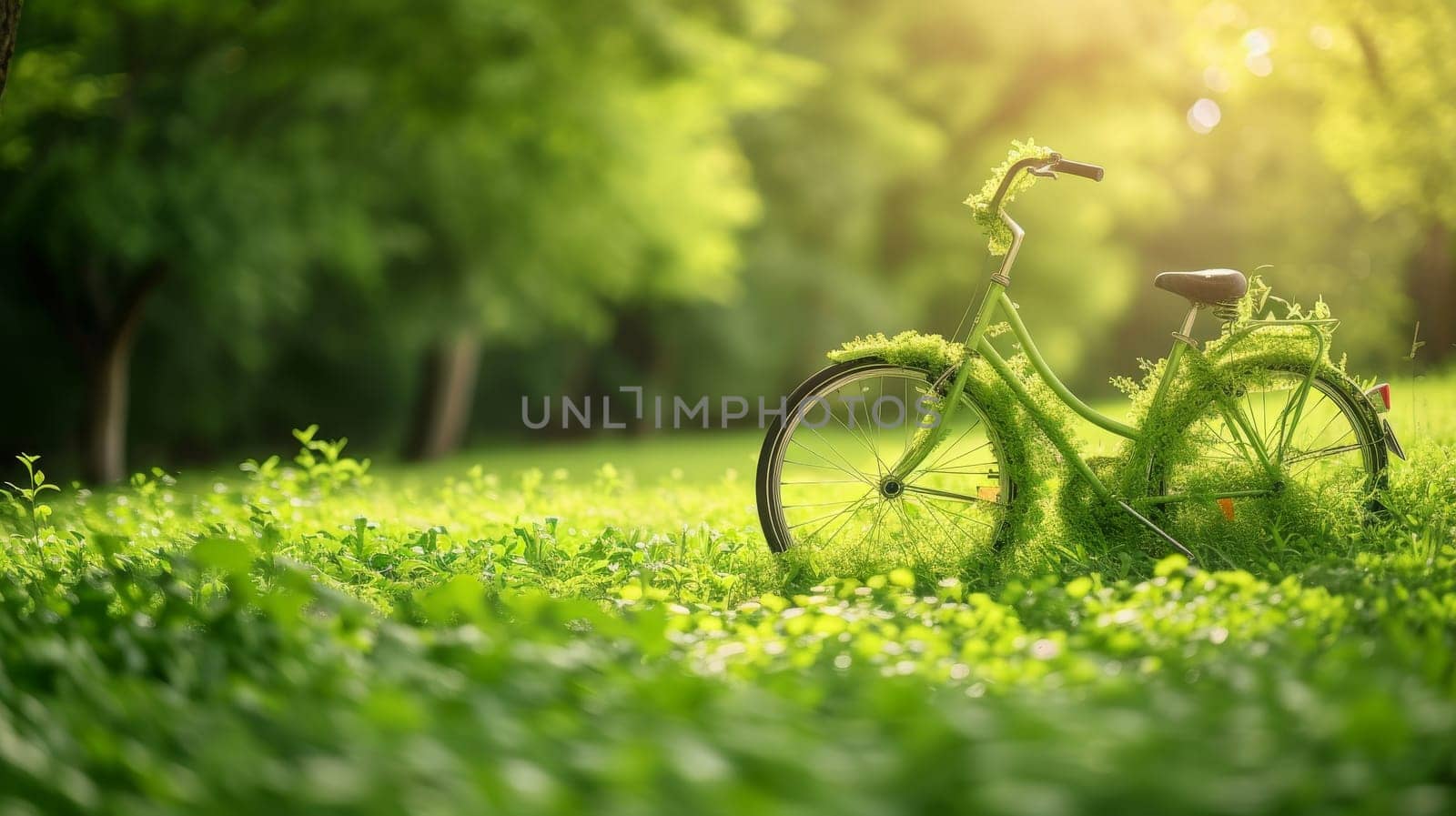 Vintage bicycle overtaken by greenery, creating a whimsical scene in a lush meadow