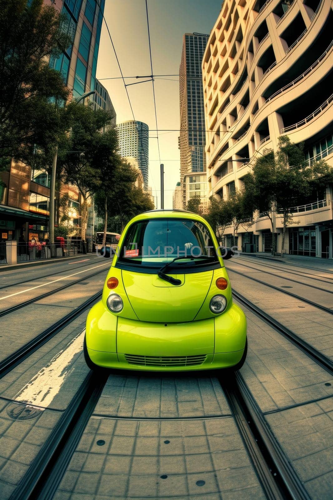 Bright green eco-friendly car standing out in a modern urban environment with skyscrapers