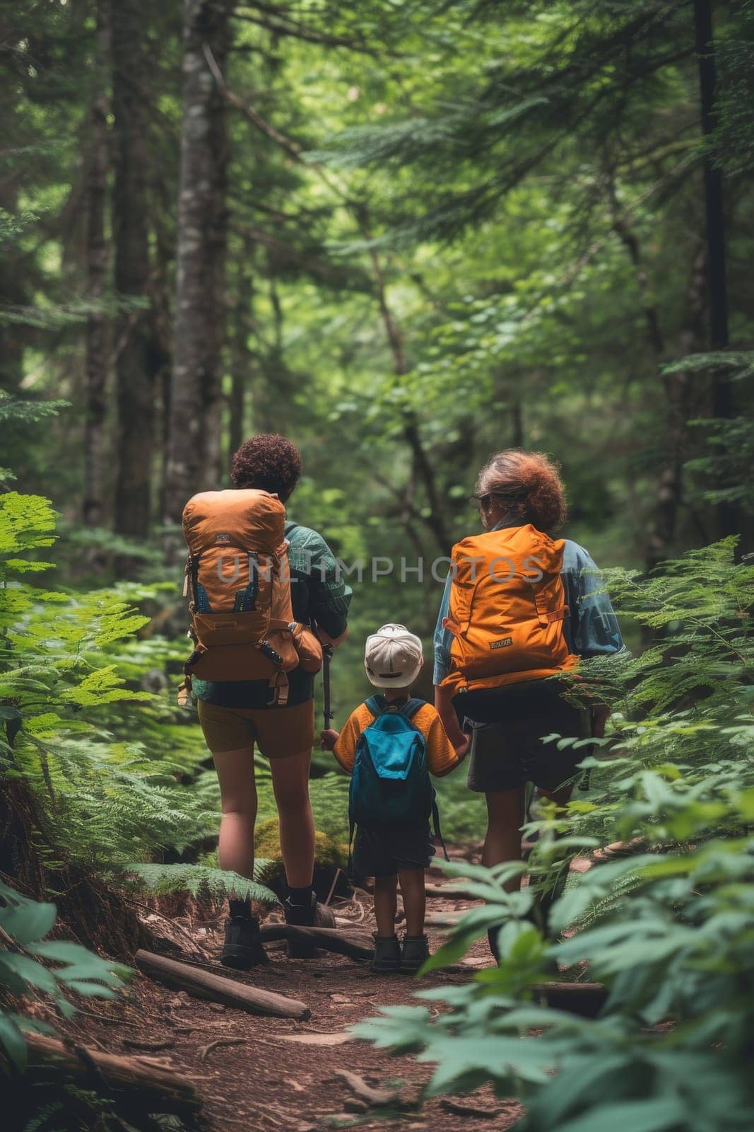 Mother and young child, both with backpacks, walking on a forest trail surrounded by greenery