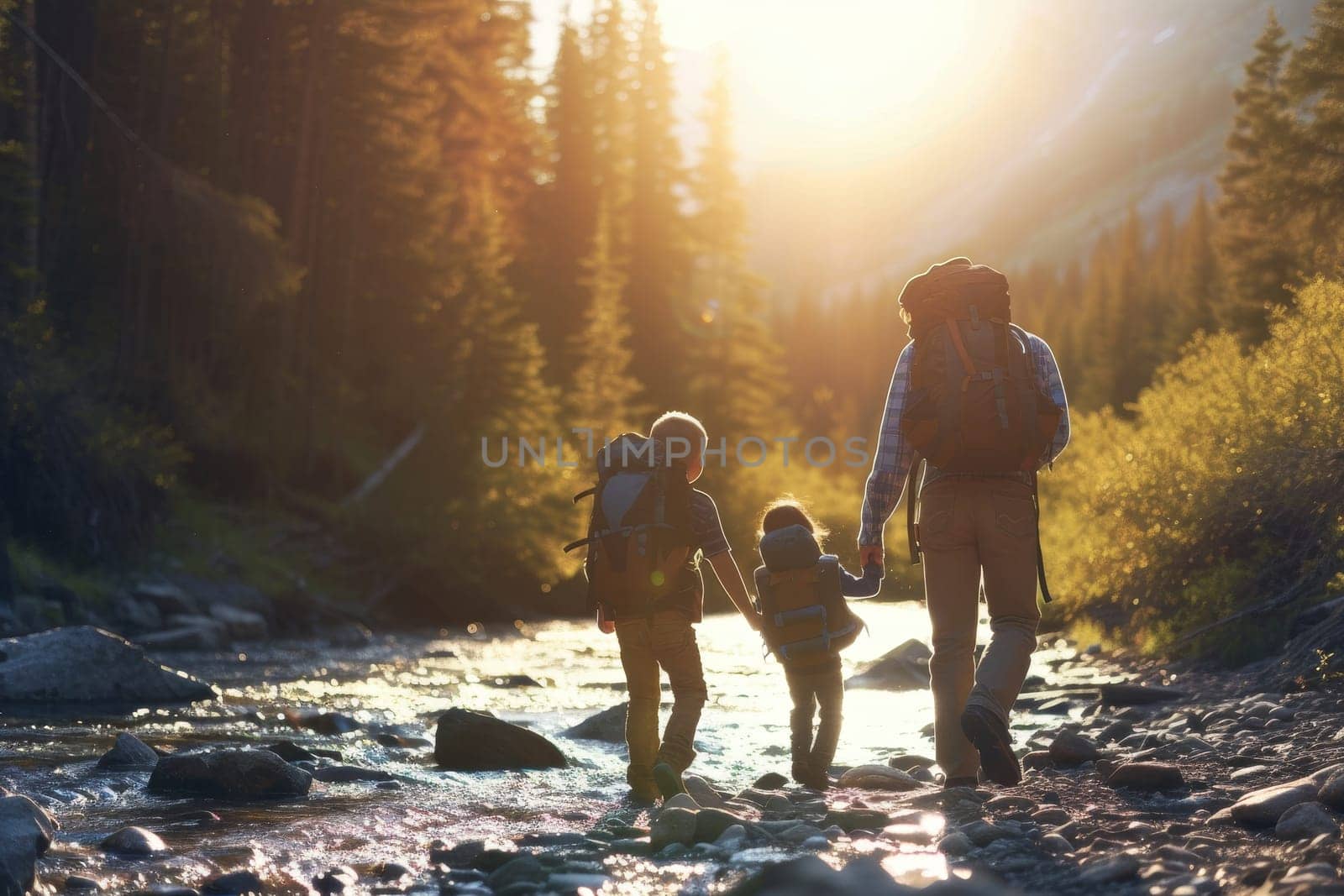 Family with backpacks trekking along a river bank, immersed in golden sunset light filtering through forest trees