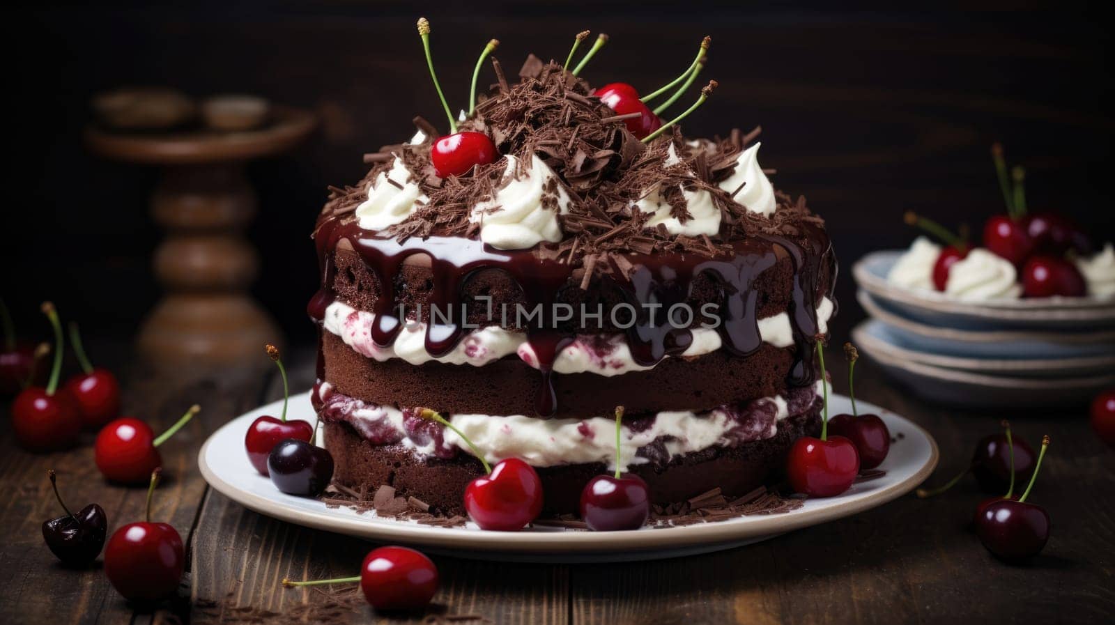 Black forest cake decorated with whipped cream and cherries. AI