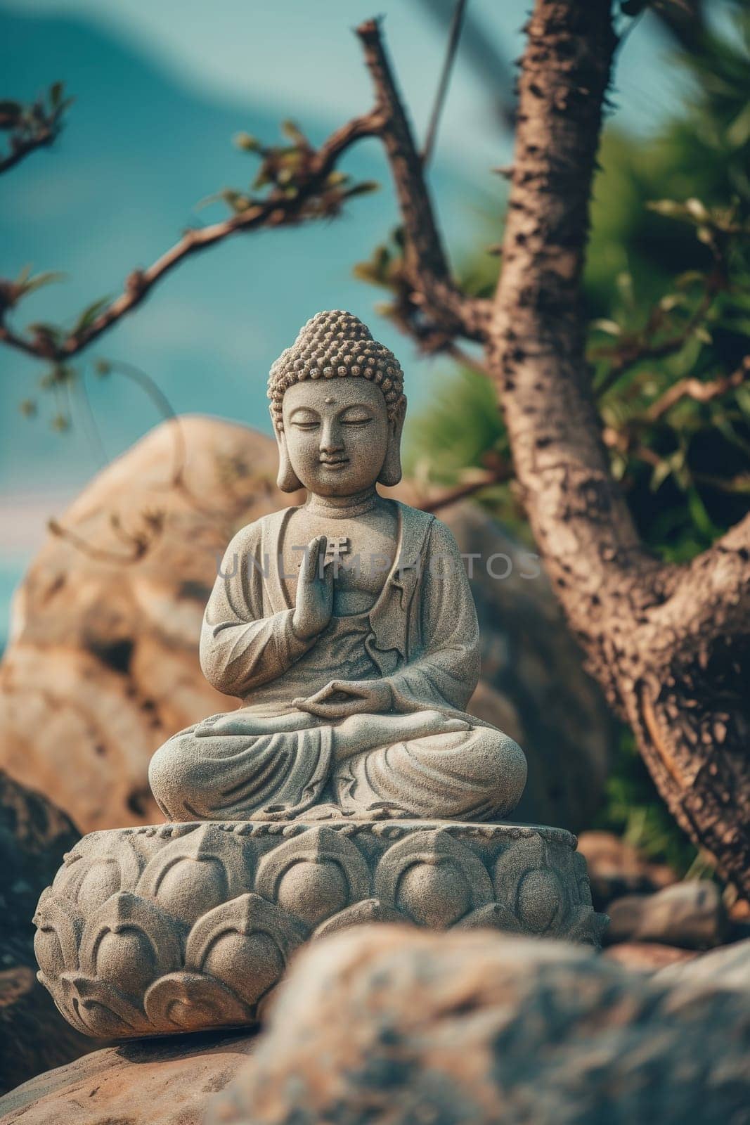 A Buddha statue in meditation pose on a rocky seaside cliff, with a clear blue sky in the background