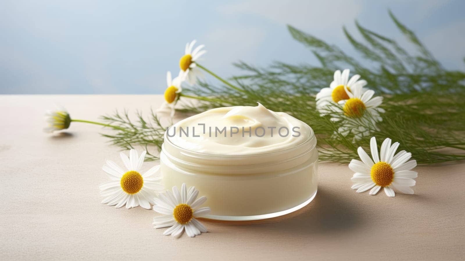 Body cream white essential oil, chamomile daisy flowers. Herbal cosmetic products. Soft focus. AI