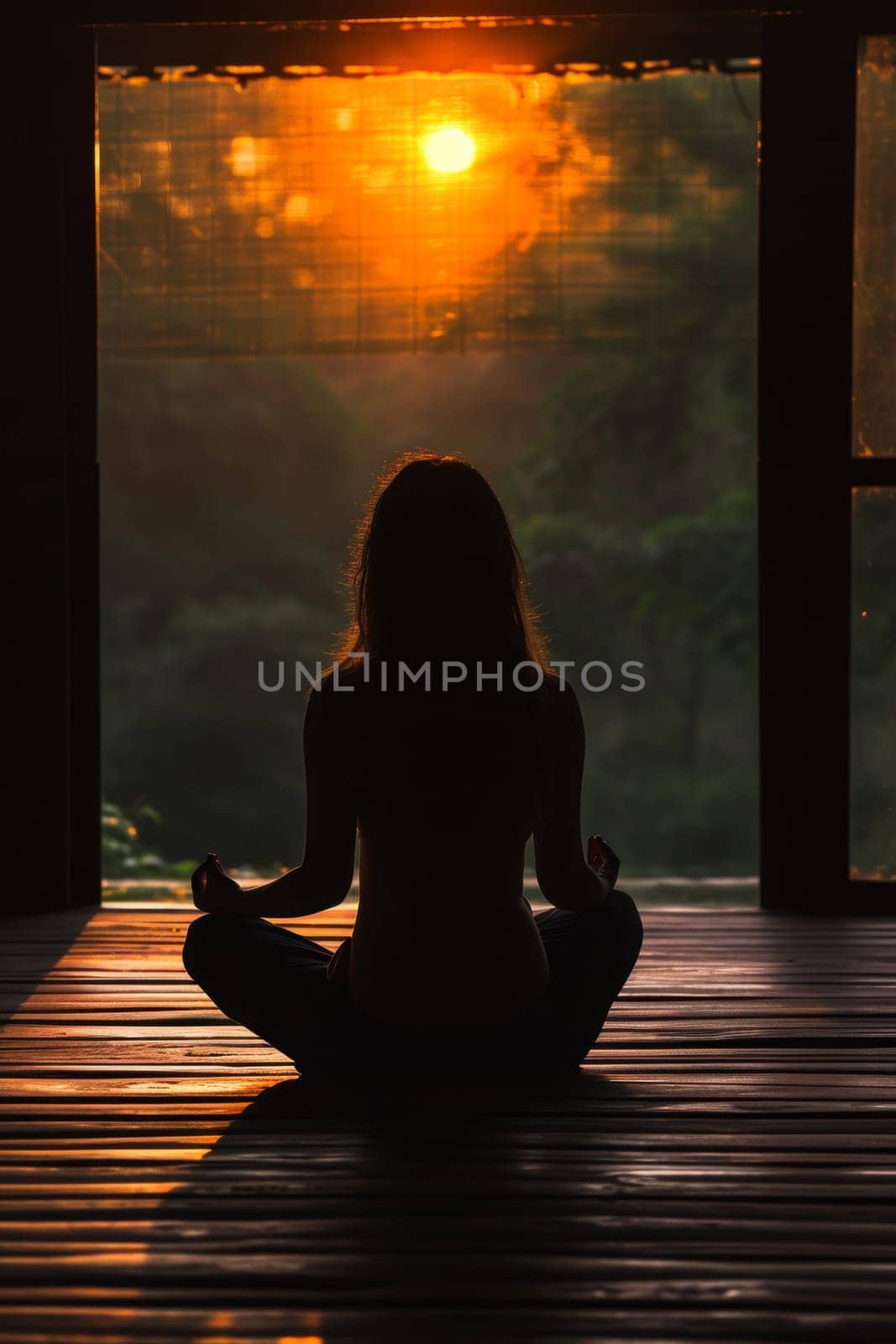 Silhouette of a woman practicing yoga during a tranquil sunset indoors