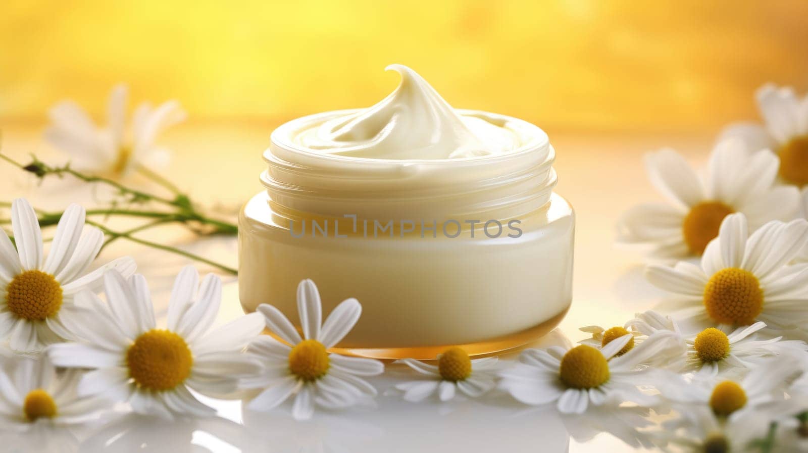 Body cream white essential oil, chamomile daisy flowers. Herbal cosmetic products. Soft focus. AI