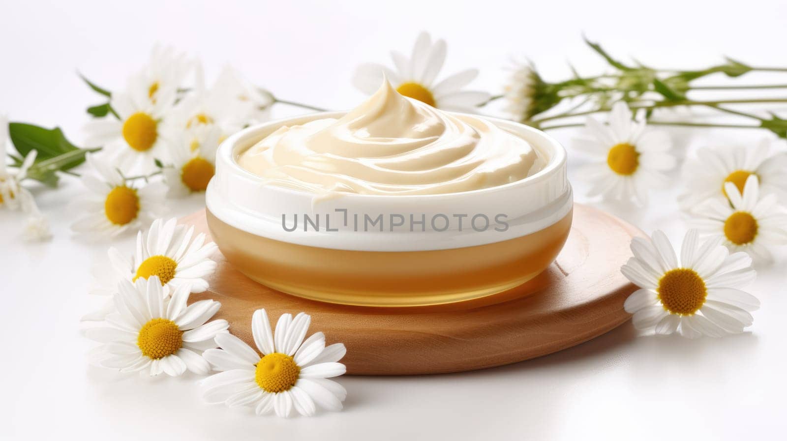 Body cream white essential oil, chamomile daisy flowers. Herbal cosmetic products. Soft focus. AI