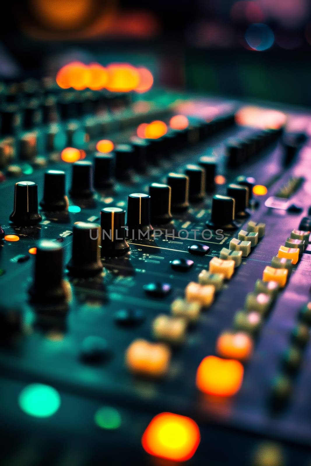 Music mixer console with illuminated knobs and sliders in a dimly lit studio, capturing the essence of sound engineering