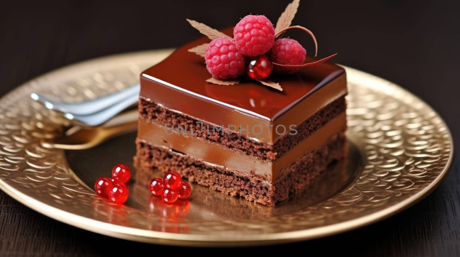 Chocolate mousse Lava Cake on gold dish. Luxurious chocolate Mousse on chocolate sponge cake AI