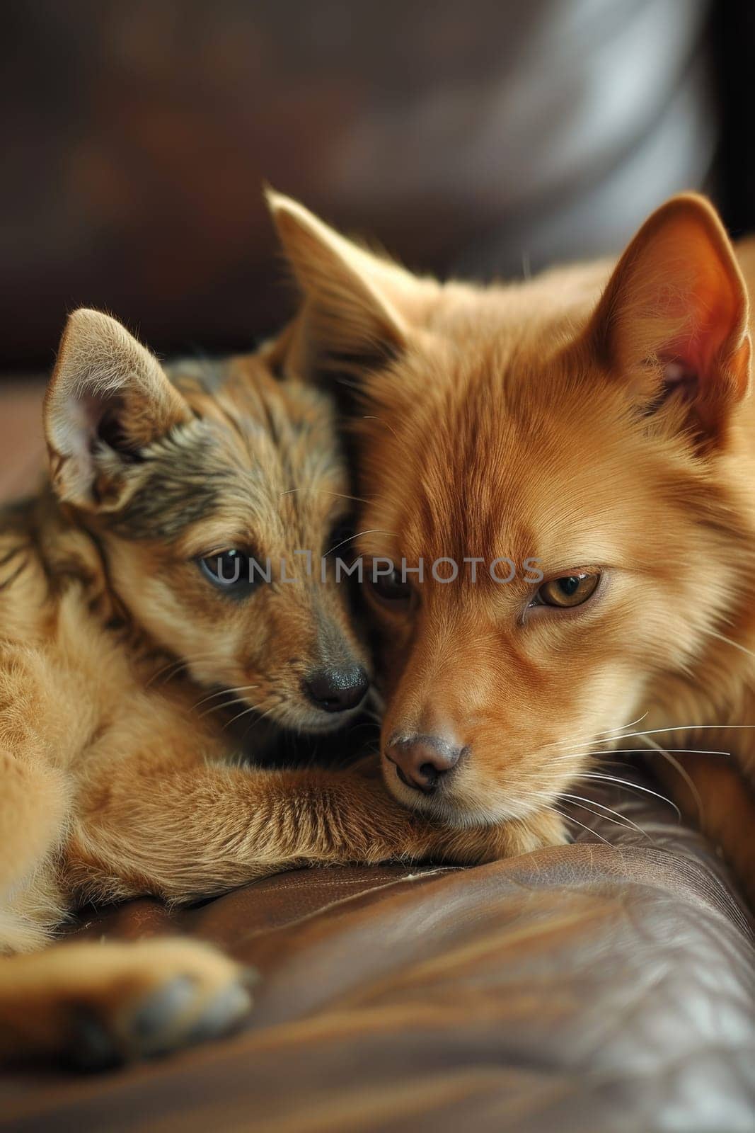 Two dogs, one resembling a small shepherd, share a close and peaceful moment on a leather couch