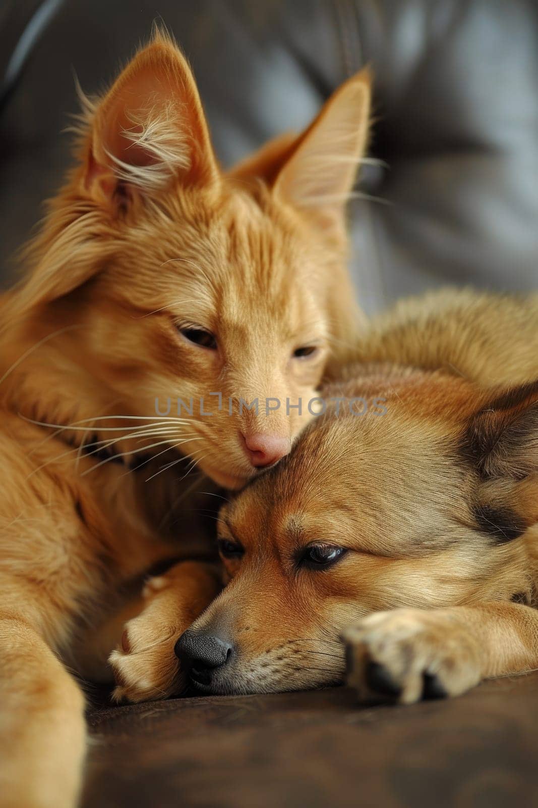 A heartfelt moment as two canine companions cuddle closely on a cozy couch