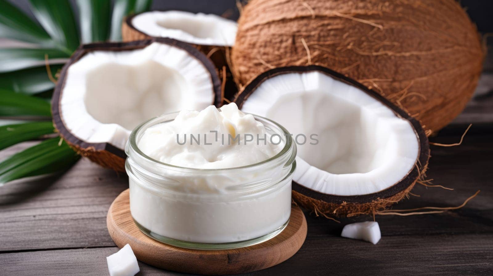 Coconut beauty skincare products. White cream with extract of Coconut. Mockup AI