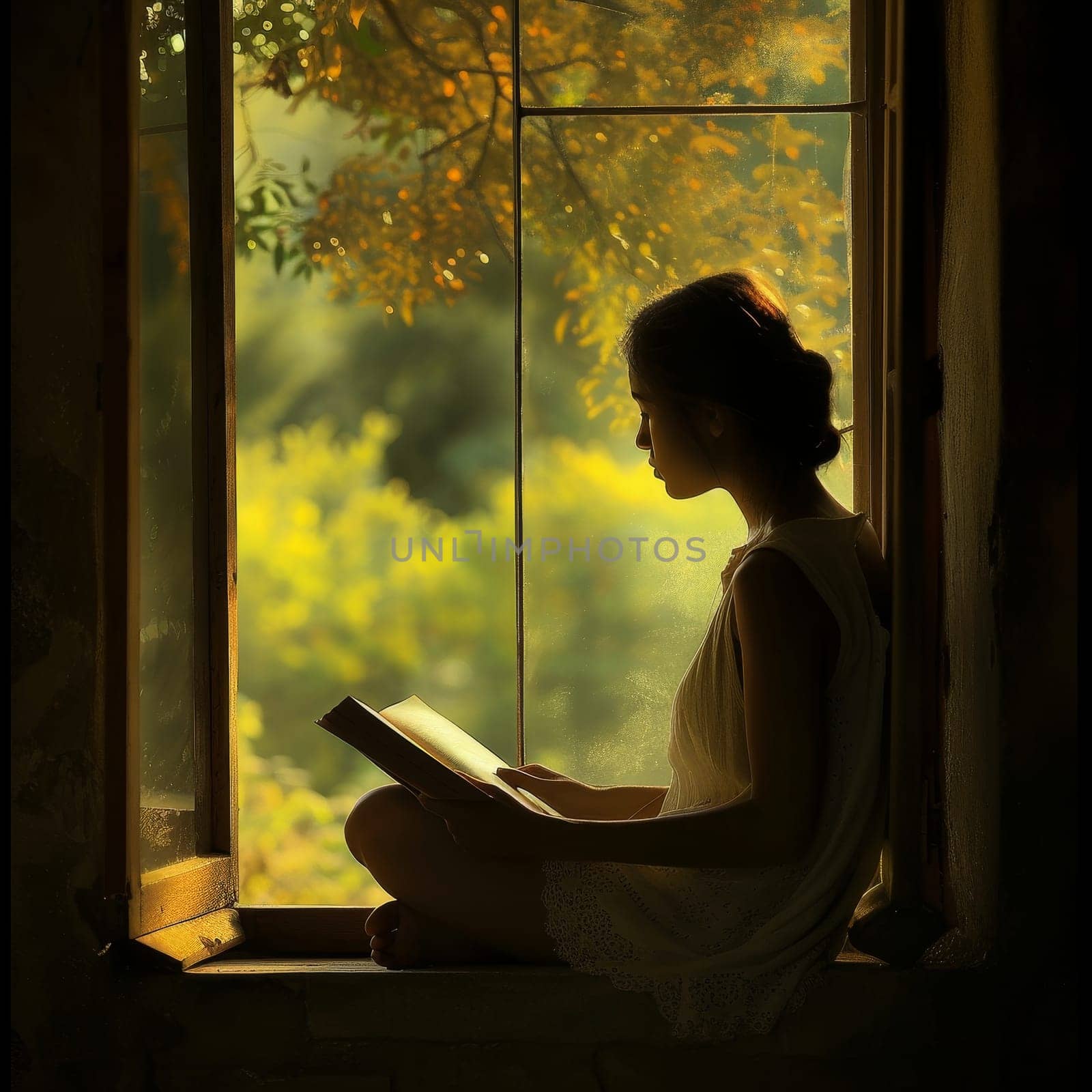 Woman in a white dress sitting by the window, engrossed in a book with soft backlight. by sfinks