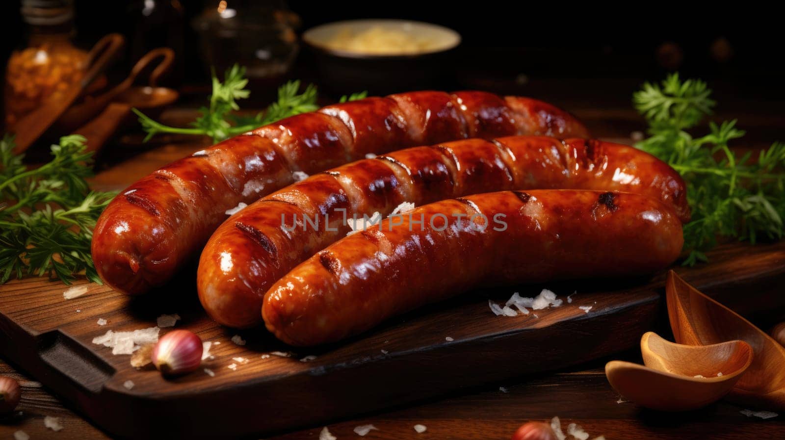 Grilled sausages on a wooden table. Puffed German sausages Brandenburger AI