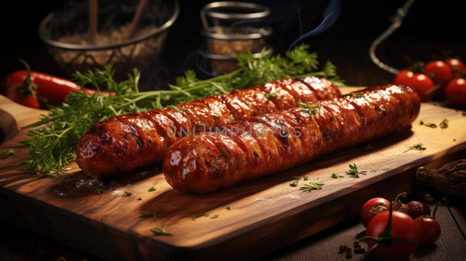 Grilled sausages on a wooden table. Puffed German sausages Brandenburger AI