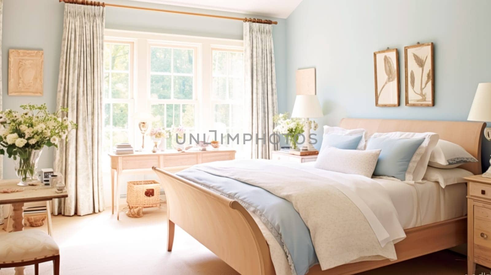Interior design, bedroom decor and home improvement, country cottage style furniture, bed, bedding and textiles with blue accents, post-processed, generative ai