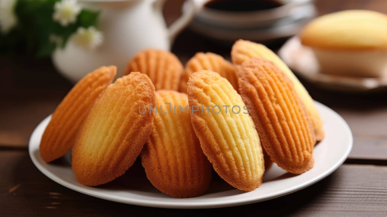 Homemade Madeleine cookies with spongy texture and shell-like shape. Mini French cakes AI