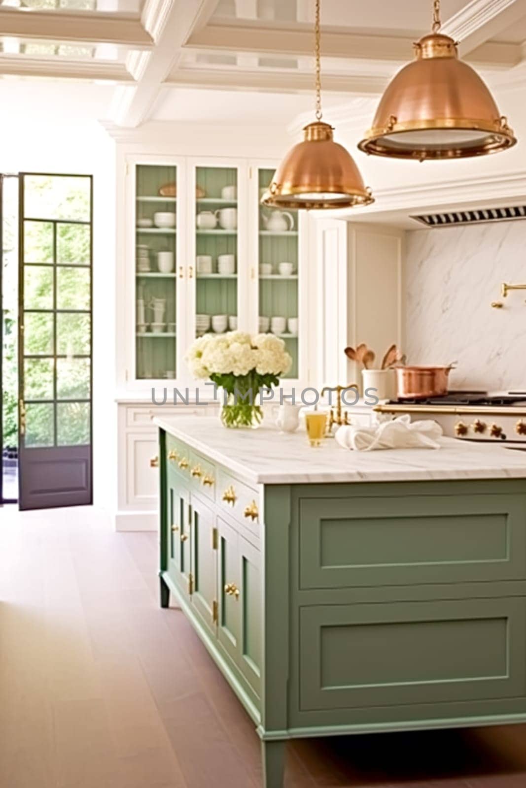 Kitchen decor, interior design and house improvement, bespoke sage green English in frame kitchen cabinets, countertop and appliance in a country house, elegant cottage style idea