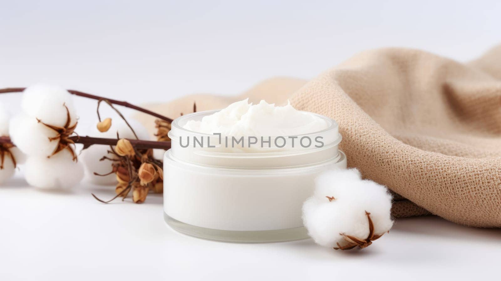 Natural organic eco cosmetics. Cream with extract of Cotton on a light background AI