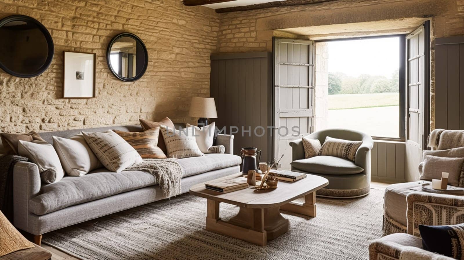 Cottage living room decor, sitting room and interior design, antique furniture, sofa and home decor in English country house and elegant farmhouse style idea