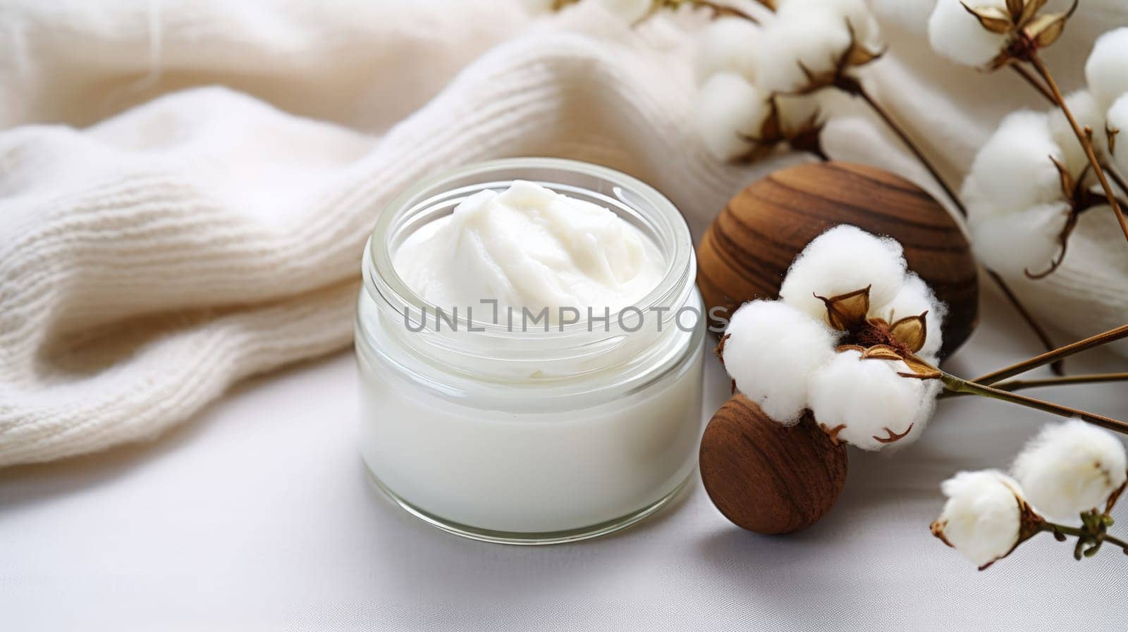 Natural organic eco cosmetics. Cream with extract of Cotton on a light background AI