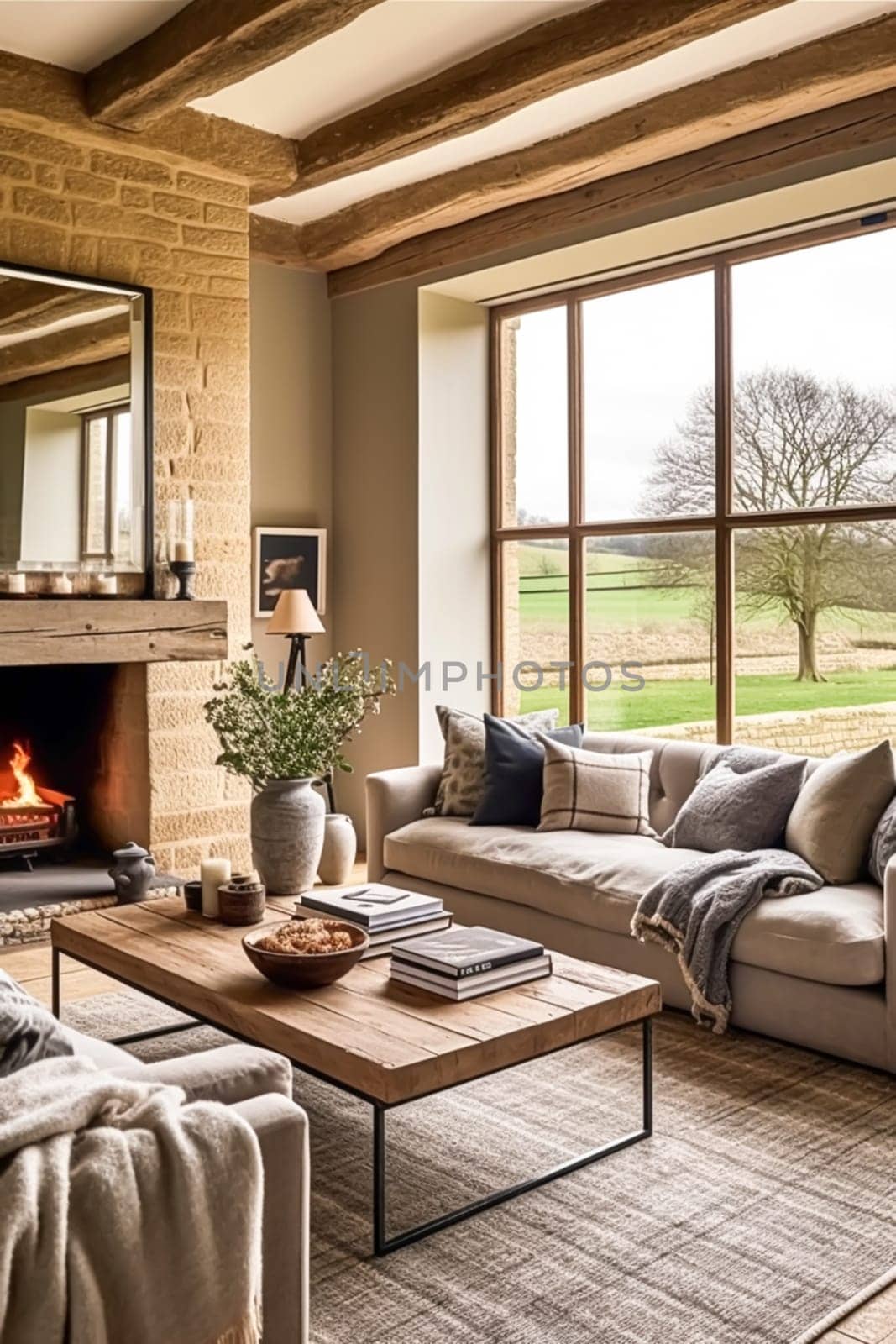 Modern cottage sitting room decor, interior design, living room furniture in neutral colours and fireplace, home decor in elegant English country house style, generative ai by Anneleven