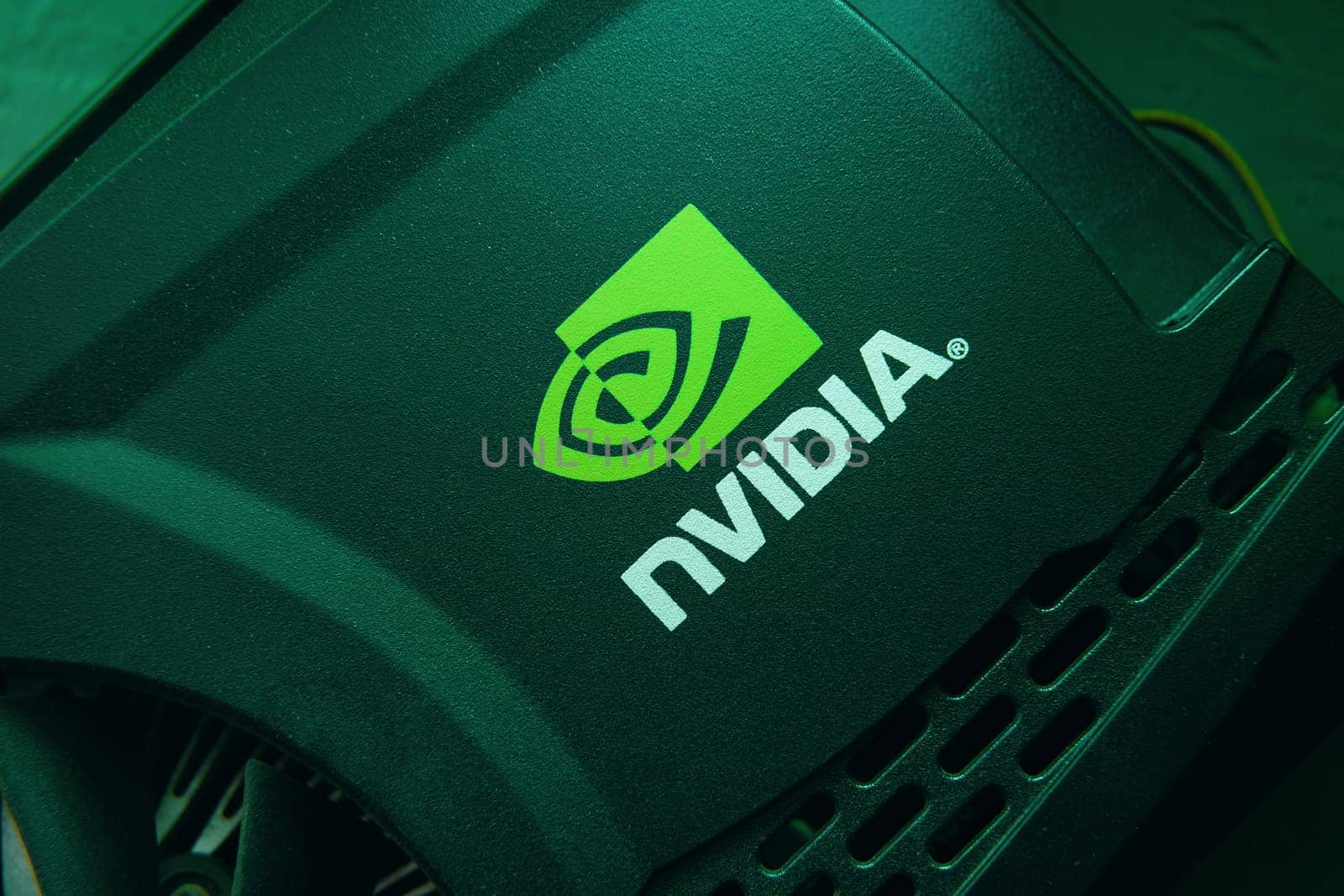 28 June 2019 Bishkek, Kyrgyzstan: Nvidia logo. Merchandise of a famous company on a video card. Inventor of the GPU.